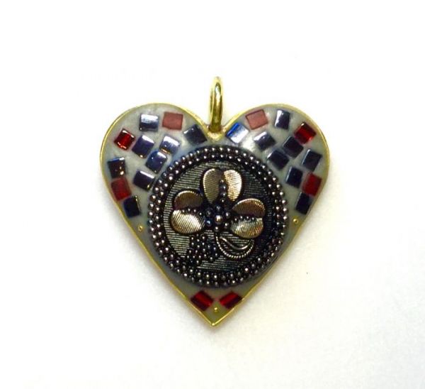 Red Clover Button in Heart in Mosaic Jewelry at Windy Sea Designs
