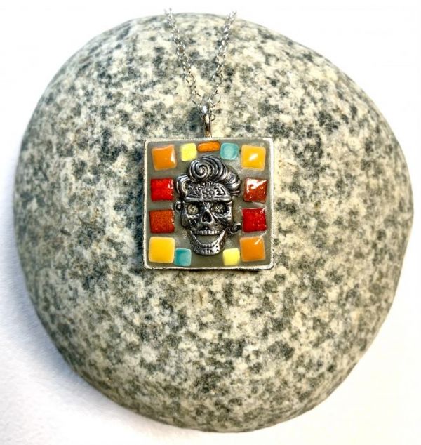 Sugar Skull with Orange, Red, Blue, Yellow in Square in Mosaic Jewelry at Windy Sea Designs
